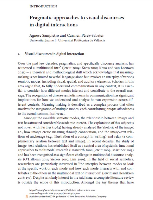 Online First：Pragmatic approaches to visual discourses in digital interactions 
Author(s): Agnese Sampietro and Carmen Pérez-Sabater
jbe-platform.com/content/journa…