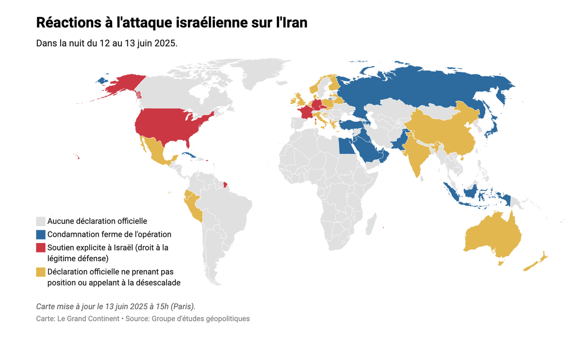 Gilles Gressani (@gillesgressani) on Twitter photo Le monde face à l'opération Am Kalavi.
• Qui condamne fermement ? (bleu)
• Qui soutien Israël ? (rouge)
• Qui reste neutre ? (jaune)
Avec <a href="/Grand_Continent/">Le Grand Continent</a>, nous publions une première cartographie des réactions à l’attaque israélienne sur l’Iran.
legrandcontinent.eu/fr/2025/06/13/… Le monde face à l'opération Am Kalavi.
• Qui condamne fermement ? (bleu)
• Qui soutien Israël ? (rouge)
• Qui reste neutre ? (jaune)
Avec <a href="/Grand_Continent/">Le Grand Continent</a>, nous publions une première cartographie des réactions à l’attaque israélienne sur l’Iran.
legrandcontinent.eu/fr/2025/06/13/…