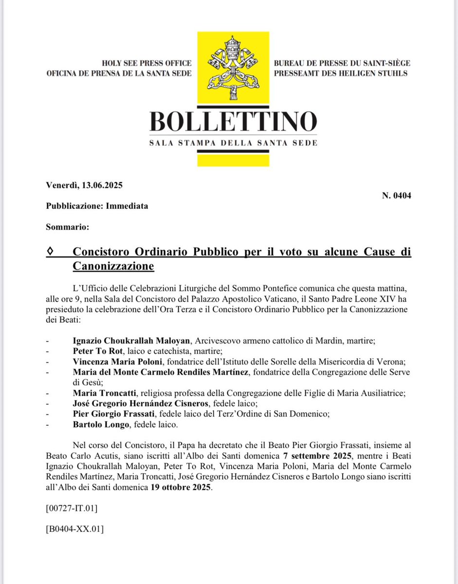 Reporte Ya (@reporteya) on Twitter photo #13Jun #Vaticano #Santos
<a href="/Marinellys/">MarinellysTremamunno</a>: Esta mañana el Papa decretó que el Beato Carlos Acutis sea canonizado el domingo 7 de septiembre; mientras que Maria del Monte Carmelo Rendiles Martínez y #JoséGregorioHernández Cisneros serán elevados a los altares el domingo 19 de octubre, #13Jun #Vaticano #Santos
<a href="/Marinellys/">MarinellysTremamunno</a>: Esta mañana el Papa decretó que el Beato Carlos Acutis sea canonizado el domingo 7 de septiembre; mientras que Maria del Monte Carmelo Rendiles Martínez y #JoséGregorioHernández Cisneros serán elevados a los altares el domingo 19 de octubre,