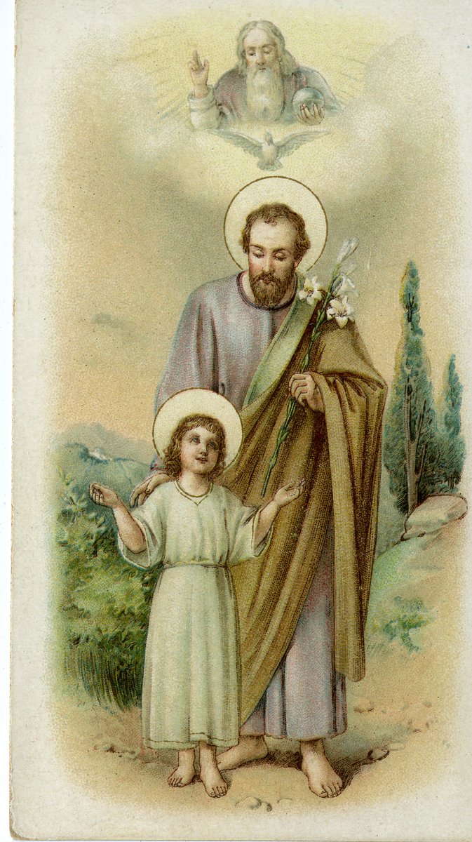 Happy Father's Day! This holy card from the U.S. Catholic Special Collection was printed around 1920. Notice the presence of God, the Father and the Holy Spirit as they watch over and guide St. Joseph through his most important role, fatherhood.