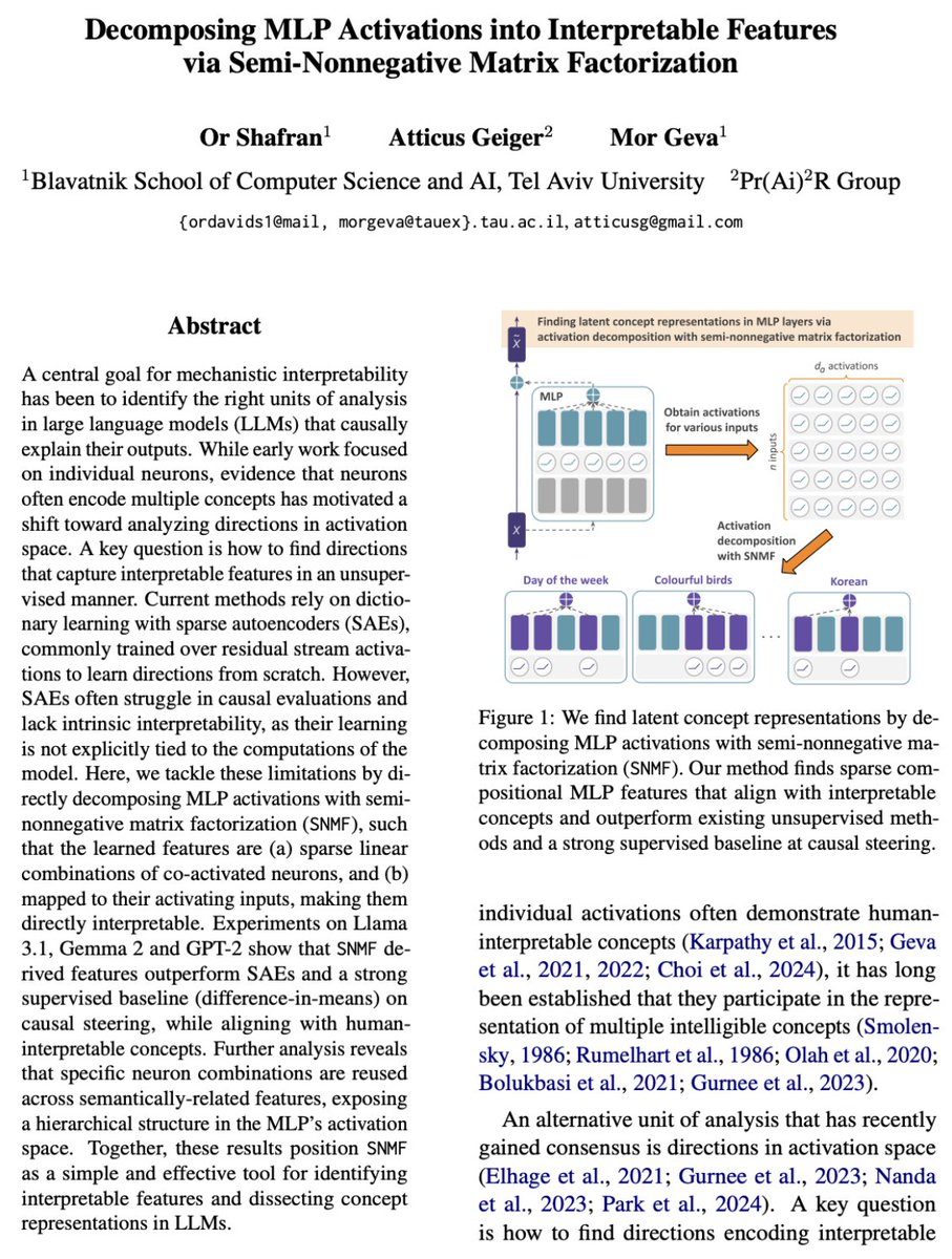 ✨MLP layers have just become more interpretable than ever ✨
In a new paper:
* We show a simple method for decomposing MLP activations into interpretable features
* Our method uncovers hidden concept hierarchies, where sparse neuron combinations form increasingly abstract ideas