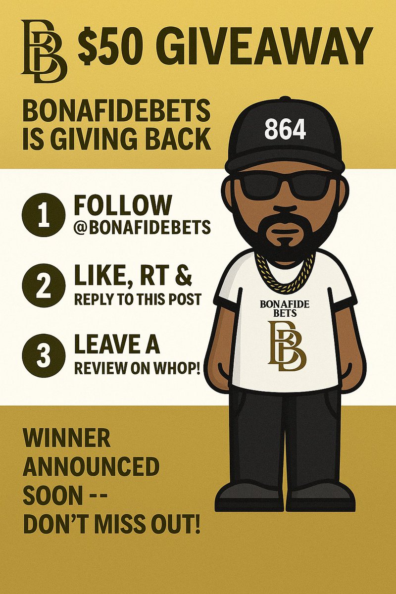 🚨 $50 GIVEAWAY 🚨
BonafideBets is giving back 💸

To enter:
1️⃣ Follow <a href="/BonafideBets/">BonafideBets</a>
2️⃣ Like, RT &amp; reply to this post
3️⃣ Leave a review on our Whop page (whop.com/bonafide-bets-…)
Winner announced soon — don’t miss out! 🎯

#Giveaway #BonafideBets #GamblingX