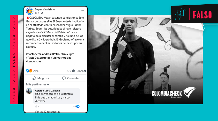 Colcheck's tweet image. La imagen que circula señalando a ‘El Brujo’ como implicado en el atentado contra Miguel Uribe es #falsa. Se trata de un creador de contenidos de Cali que dramatiza escenas con armas. Él mismo negó cualquier relación con el caso.

🔗 acortar.link/E48jRC