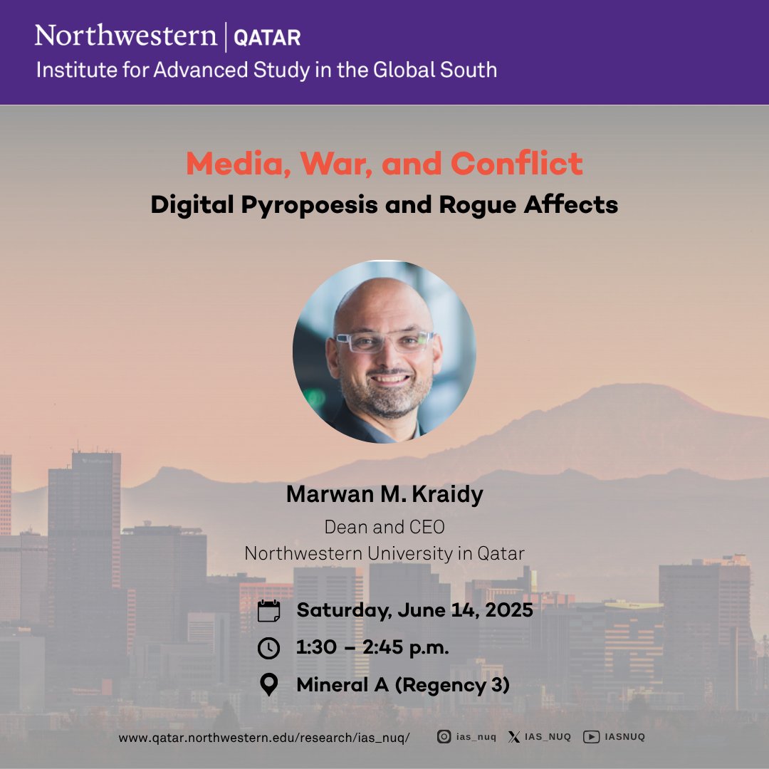 Also, tomorrow at #ICA25, <a href="/MKraidy/">Marwan M. Kraidy @mkraidy.bsky.social</a> will join the "Media, War, and Conflict" panel to explore the incendiary and affective power of digital media in contexts of political violence.

🗓️ Saturday, June 14, 2025
🕜 1:30 – 2:45 p.m.
📍 Mineral A (Regency 3), Hyatt Regency Denver