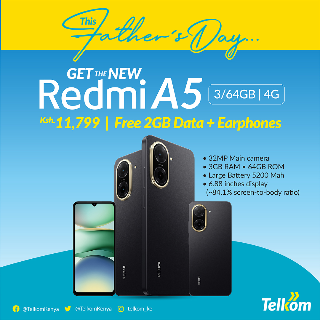 Missed it on Father’s Day? No worries 🙌🏽 the Redmi A5 offer is still on! 32MP camera, 5200mAh battery, 6.88" screen. Get it for just Ksh. 11,799, and also get 2GB data + earphones for FREE. Redmi A5 - Built to impress, priced to bless. Hurry and get your while stocks last!