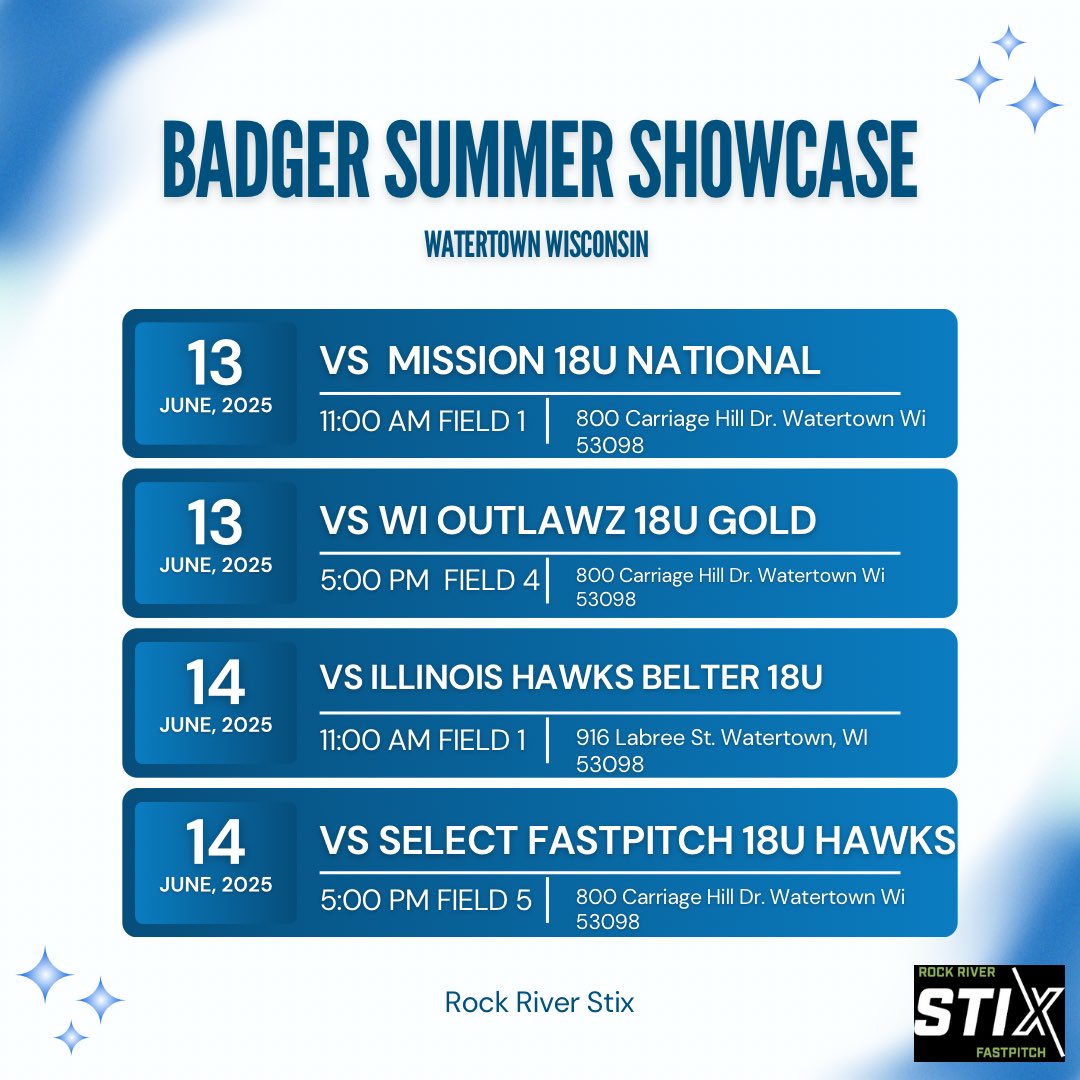 Schedule for our first weekend back at the Badger Summer Showcase in Watertown!!