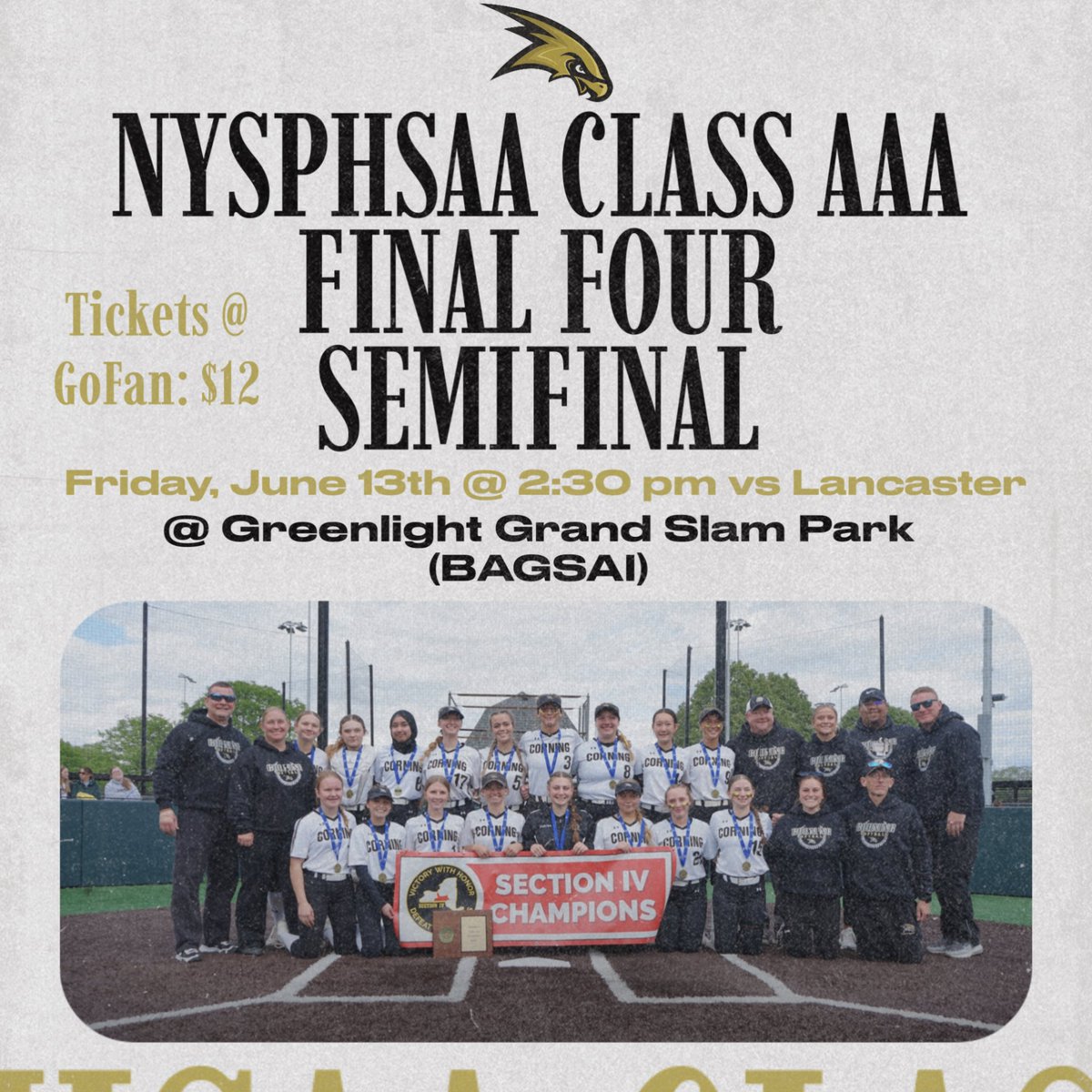 GAME DAY!!!
NYSPHSAA CLASS AAA FINAL FOUR SEMIFINAL
Friday, June 13th
@ 2:30pm
@ Greenlight Grand Slam Park (BAGSAI)
vs Lancaster 
Field 3
Tickets: $12 @ GoFan
Bring a lawn chair if you are planning on sitting during the game
gofan.co/nysphsaa?activ…
nfhsnetwork.com/events/nysphsa…