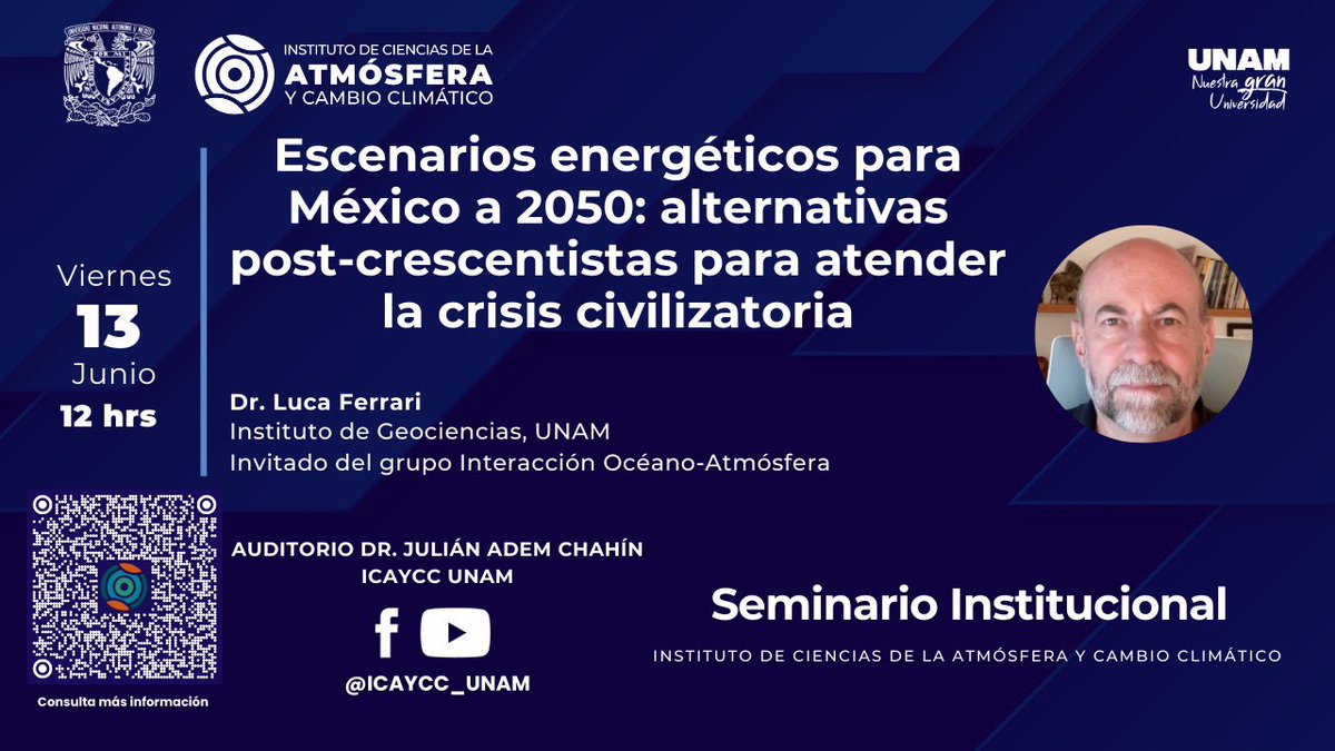 Investigación e Incidencia Transdisciplinaria (@siit2025) on Twitter photo ¿Cómo lograr un sistema energético más sustentable para alcanzar metas de justicia social?
Hoy el Dr. Luca Ferrari del <a href="/GeocienciasUNAM/">Instituto de Geociencias UNAM</a> nos compartirá algunos de los escenarios energéticos para México⚡️🇲🇽.
Más detalles aquí: atmosfera.unam.mx/eventos/escena… ¿Cómo lograr un sistema energético más sustentable para alcanzar metas de justicia social?
Hoy el Dr. Luca Ferrari del <a href="/GeocienciasUNAM/">Instituto de Geociencias UNAM</a> nos compartirá algunos de los escenarios energéticos para México⚡️🇲🇽.
Más detalles aquí: atmosfera.unam.mx/eventos/escena…