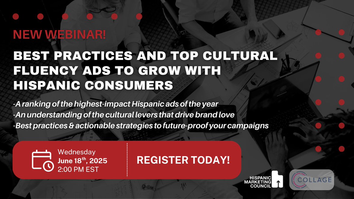 Hispanic Marketing Council (@hmchispanic) on Twitter photo What makes an ad resonate with Hispanic consumers? Join us and <a href="/collage_group/">Collage Group</a> on 6/18 for a deep dive into the 2025 Strategic Excellence Awards winners—and discover what it takes to break through with one of the most influential audiences in the U.S.
us02web.zoom.us/webinar/regist… What makes an ad resonate with Hispanic consumers? Join us and <a href="/collage_group/">Collage Group</a> on 6/18 for a deep dive into the 2025 Strategic Excellence Awards winners—and discover what it takes to break through with one of the most influential audiences in the U.S.
us02web.zoom.us/webinar/regist…