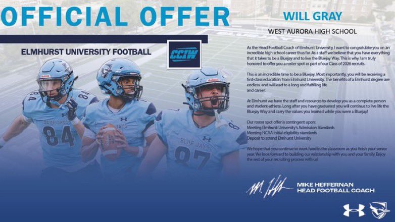 Will Gray (@willgray24) on Twitter photo After a great camp and an amazing conversation with <a href="/CoachMadison_EU/">Colin Madison</a> I’m and blessed to receive an offer from <a href="/ElmhurstU_FB/">Elmhurst University Football</a>. <a href="/WABlackhawkFB/">West Aurora Football</a> <a href="/coacheimer/">Coach Eimer</a> <a href="/StremelWAHS/">Coach Stremel</a> <a href="/CoachGesiak/">Dave Gesiakowski</a> <a href="/PrepRedzoneIL/">Prep Redzone Illinois</a> <a href="/sixstarfootball/">Six Star Football | PLUS+</a> <a href="/CoachBigPete/">Peter "Coach Big Pete" Leinweber</a> <a href="/scottybscout/">Scott Burgess</a> After a great camp and an amazing conversation with <a href="/CoachMadison_EU/">Colin Madison</a> I’m and blessed to receive an offer from <a href="/ElmhurstU_FB/">Elmhurst University Football</a>. <a href="/WABlackhawkFB/">West Aurora Football</a> <a href="/coacheimer/">Coach Eimer</a> <a href="/StremelWAHS/">Coach Stremel</a> <a href="/CoachGesiak/">Dave Gesiakowski</a> <a href="/PrepRedzoneIL/">Prep Redzone Illinois</a> <a href="/sixstarfootball/">Six Star Football | PLUS+</a> <a href="/CoachBigPete/">Peter "Coach Big Pete" Leinweber</a> <a href="/scottybscout/">Scott Burgess</a>