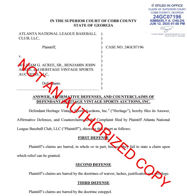 Paul_Lesko's tweet photo. In (one of) the court cases between the Atlanta Braves and Heritage Auctions over auctioning of the 715th Hank Aaron home run bases (and some other Aaron memorabilia)...Heritage filed an answer this week that explains its position on the Aaron memorabilia in a little more detail. https://t.co/Ti3FS2PrEe