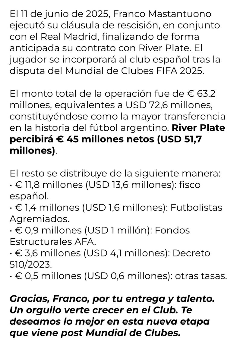 #RIVER | A través de un comunicado, el club anunció oficialmente que Franco Mastantuono decidió hacer uso de la cláusula de salida, es decir que a River le quedarán limpios 45 millones de euros. En dicho anuncio, no está especificada la forma de pago 👇