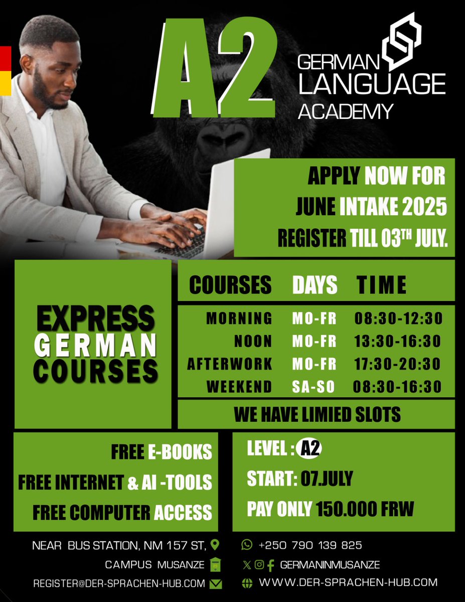 GermanInMusanze's tweet photo. We call for #JulyIntake for A1, A2, B1, &amp; B2 levels! Whether you're a beginner or advancing your skills, our courses will help you succeed. 
📅 Start: 7.07 📍Location #ruhengeri 
 🎉Special Offer: Register by3.07 to enjoy a special discount.
🌐website   https://t.co/ojksBtpfWy https://t.co/ox9w6HkWw0