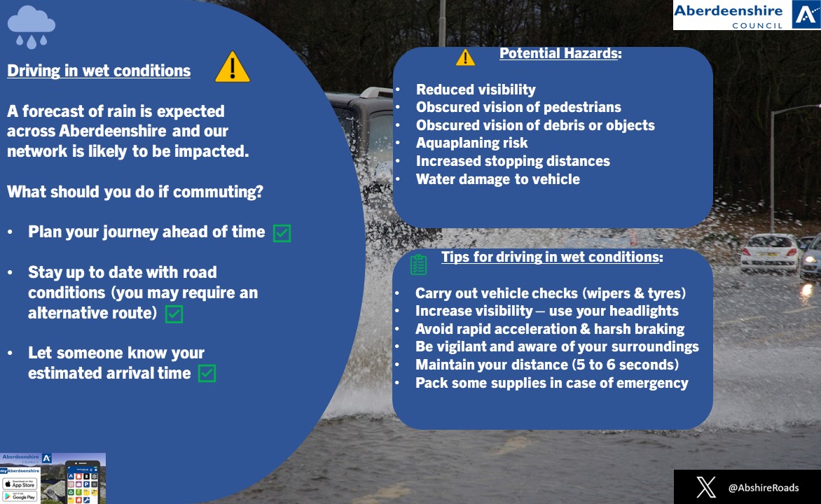 AbshireRoads's tweet image. ❗️Reminder❗️
🟡 YELLOW Weather Warning (Thunderstorms & Heavy Rain) issued across Aberdeenshire from Saturday 14th 00:00 - 18:00
Consider the following when commuting on the network ⬇️