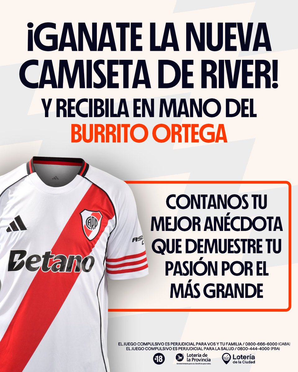 Betano Argentina (@betano_arg) on Twitter photo GANATE LA NUEVA CAMISETA DE RIVER🤍❤️
¿Cómo participar?👇
• Seguí a <a href="/Betano_arg/">Betano Argentina</a>
• Dale like y RT al tweet
• Respondé el tweet con tu MEJOR ANÉCDOTA que demuestre tu pasión por el Más Grande.
La camiseta será entregada por el Burrito Ortega🌟en el Mâs Monumental. GANATE LA NUEVA CAMISETA DE RIVER🤍❤️
¿Cómo participar?👇
• Seguí a <a href="/Betano_arg/">Betano Argentina</a>
• Dale like y RT al tweet
• Respondé el tweet con tu MEJOR ANÉCDOTA que demuestre tu pasión por el Más Grande.
La camiseta será entregada por el Burrito Ortega🌟en el Mâs Monumental.