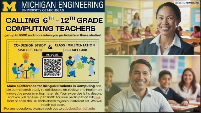 weteachcs's tweet image. Engineering Education Research student Emma Dodoo is designing new tools to address challenges faced by emerging bilingual students in computing classes. She is now looking for computing teachers to critique the work. Earn up to $500!

Interested? Email Dodoo at edodoo@umich.edu.
