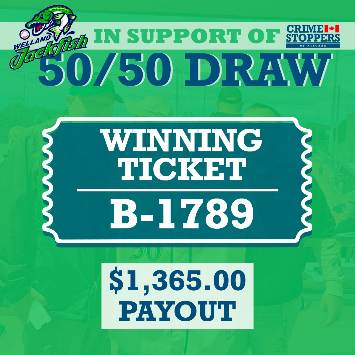 Congratulations to our June 11th 50/50 Winner! 
Winning Ticket: B-1789
Payout: $1,365.00

Thank you to everyone who played in support of Crime Stoppers of Niagara at the Jackfish game! Your ticket helps keep our community safe.