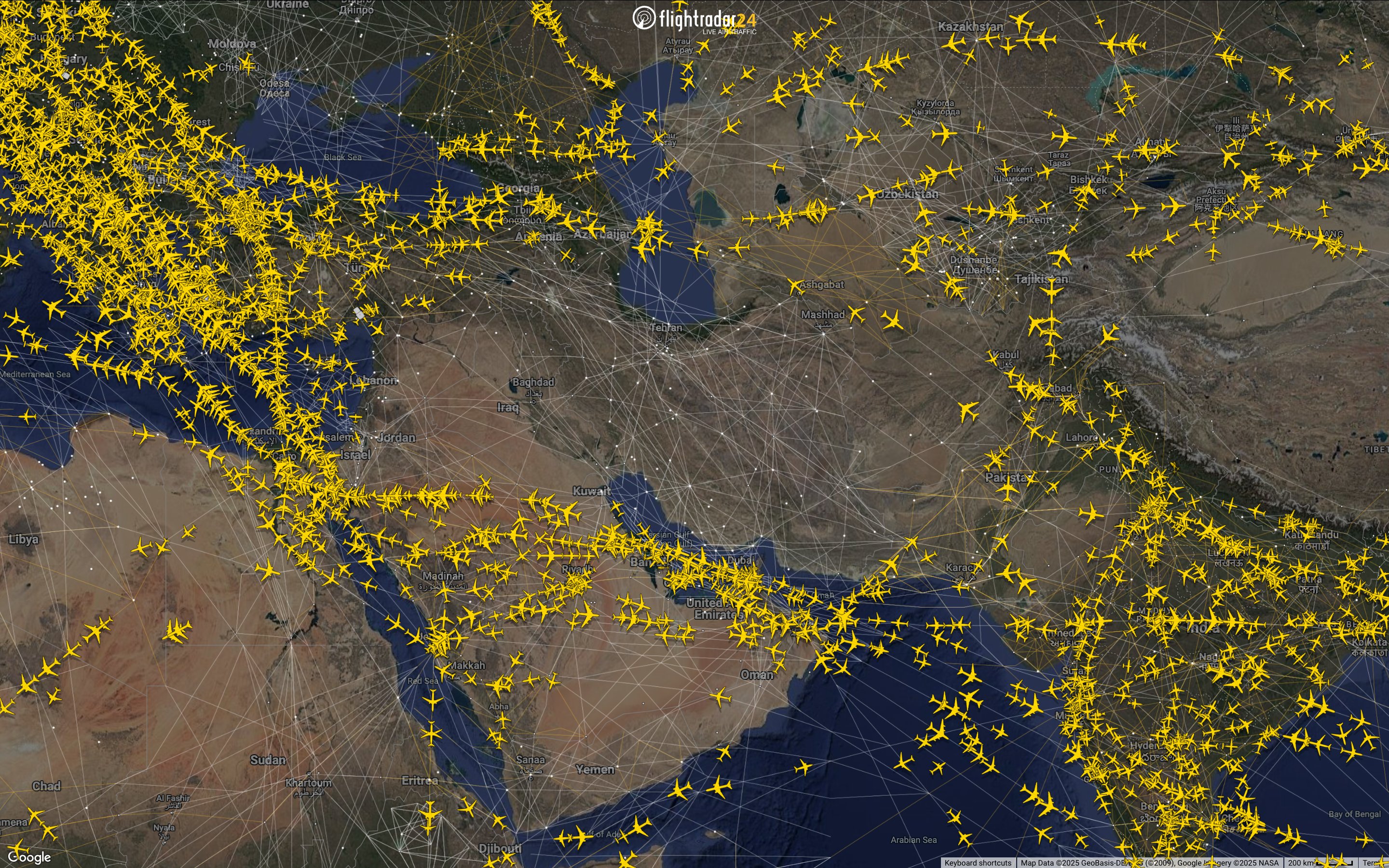 A live air traffic snapshot from Flightradar24 shows a sharp drop in civilian flights over Iran, Israel, Jordan, Lebanon, and Iraq on June 13, 2025. (Image via Flightradar24)