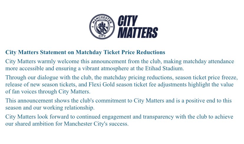 City Matters Group (@citymattersreps) on Twitter photo Our statement following today’s club announcement re match day ticket prices <a href="/ManCity/">Manchester City</a> <a href="/ManchesterEven/">Manchester News Evening MEN</a> Our statement following today’s club announcement re match day ticket prices <a href="/ManCity/">Manchester City</a> <a href="/ManchesterEven/">Manchester News Evening MEN</a>