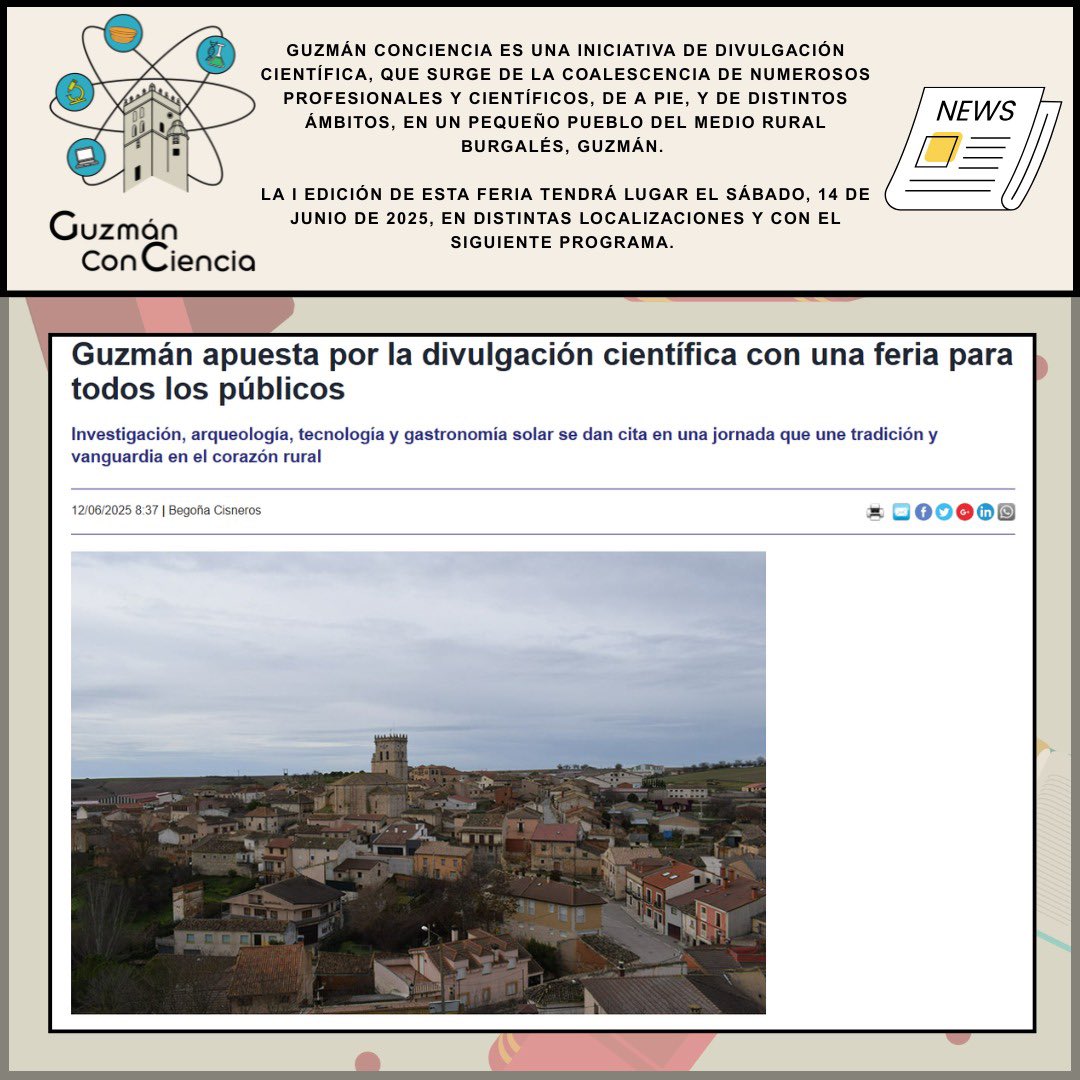 🔬 Guzmán ConCiencia es una iniciativa de divulgación científica en la que participarán distintos profesionales y científicos de ámbitos variados en este pueblo del medio rural burgalés. 

🤝🏻 ¡Nos vemos en la I edición de esta feria el sábado 14 de junio! 

🧵👇🏻