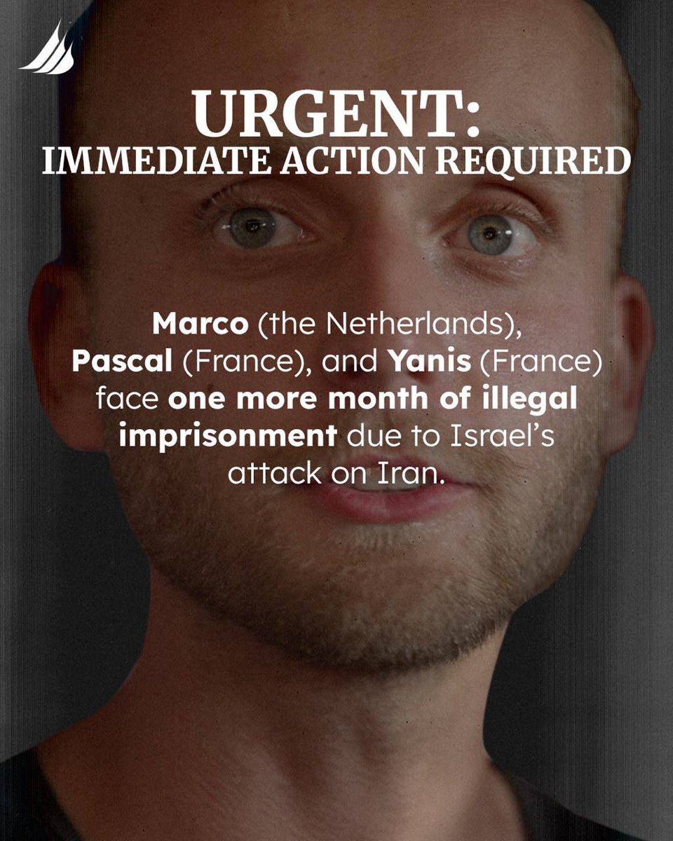 🇵🇸💔 Suite à l'attaque israélienne contre l'Iran les aéroports sont fermés et les trois membres restants de l'équipe « Madleen » Pascal Maurieras, Yanis Mhamdi et Marco van Rennes, risquent un mois supplémentaire de détention illégale dans une prison israélienne
Tous les trois ⬇️