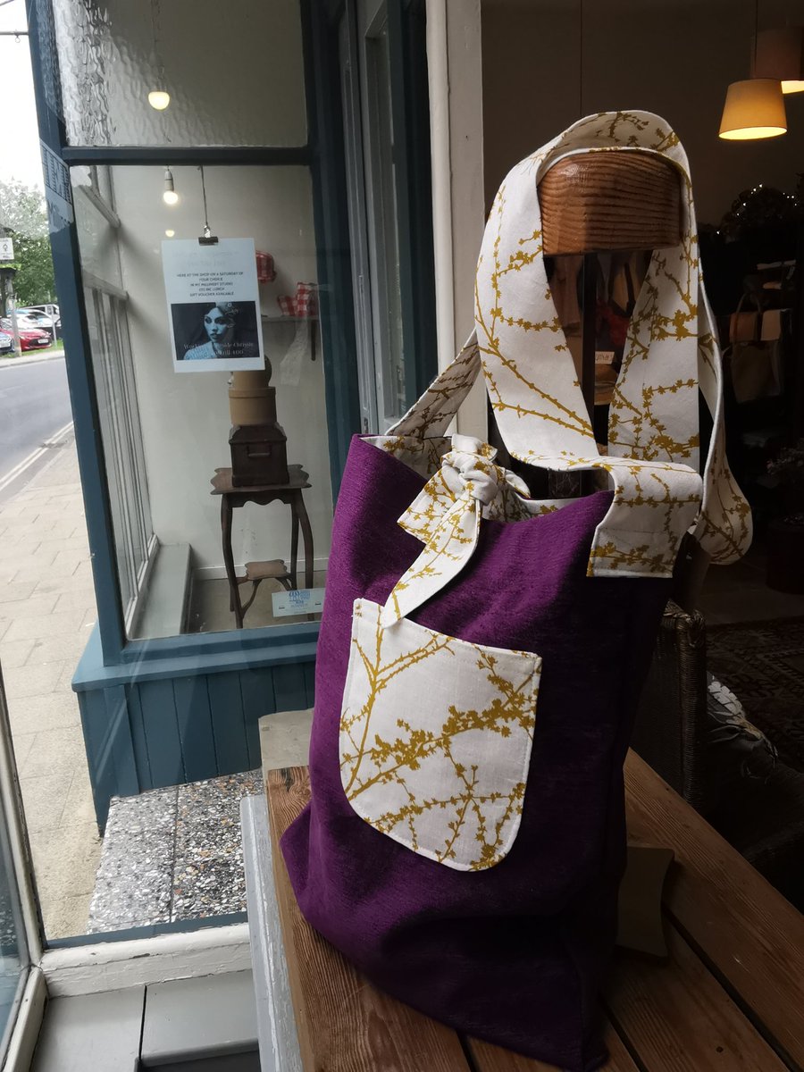 Crossbody bag in one of my windows this week.
Rich violet combined with a cotton print.
ONE off design
£45 plus p &amp; p