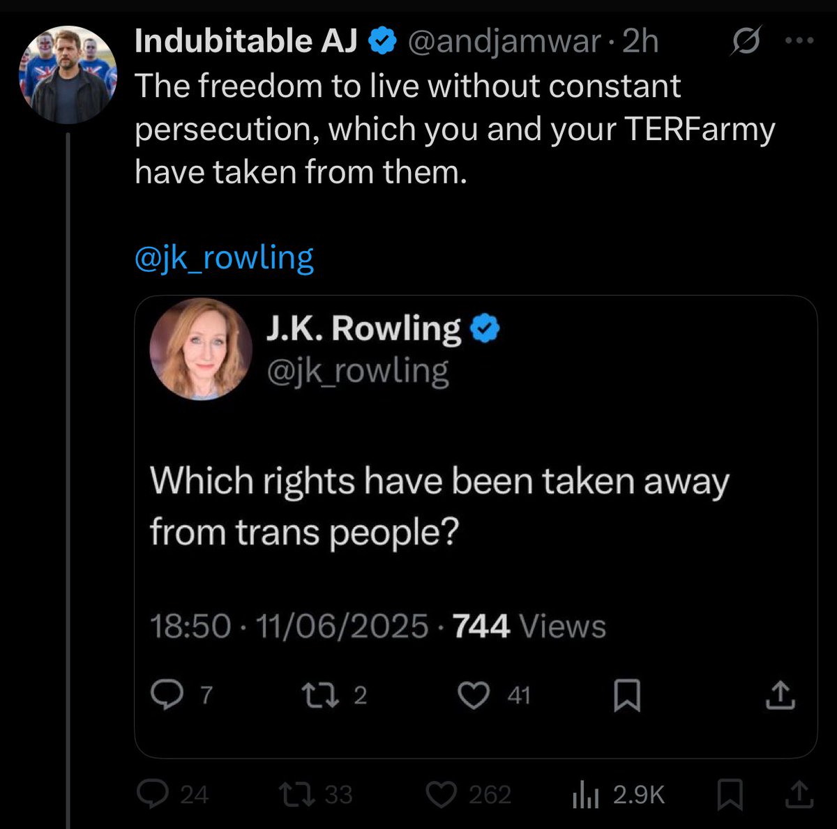 jk_rowling's tweet image. When ‘persecution’ is redefined to mean ‘not being allowed to reorganise society based on unfalsifiable feelings, to compel everyone else’s speech and belief and to take rights away from other protected groups’ you’ll be absolutely right.
