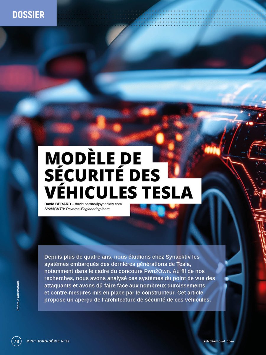 Gros plan sur le modèle de sécurité des véhicules #tesla dans notre dernier HS. Pour en savoir plus sur le sujet et plus largement sur la sécurité automobile, ne manquez pas notre numéro en kiosque &amp; sur boutique.ed-diamond.com/nouveautes/177… #cybersécurité #automotive