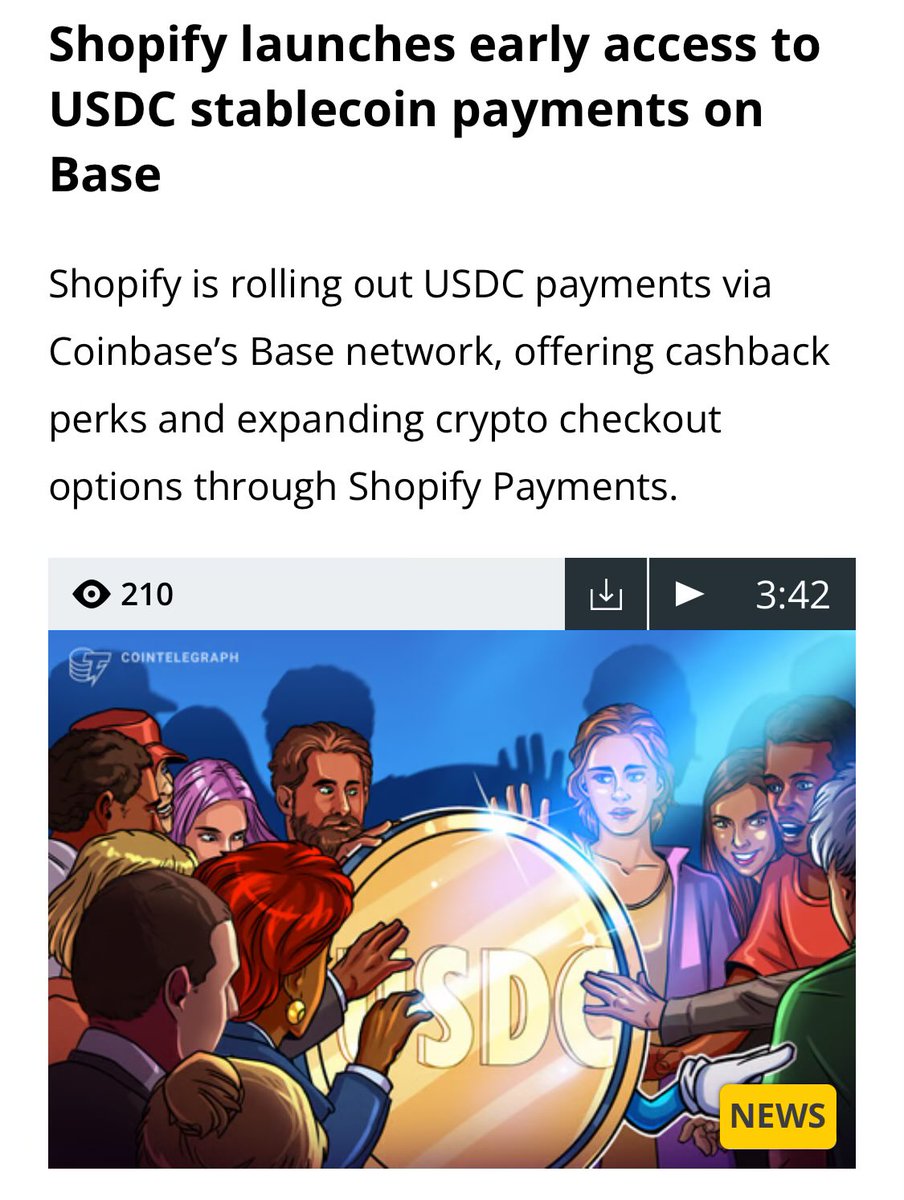NockazBids's tweet photo. Shopify launches USDC payments on Coinbase’s Base network! 🚀 Enjoy cashback perks &amp; more crypto checkout options via Shopify Payments. 💸 https://t.co/mt4Fayehu9