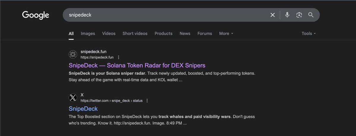 🚨 Big milestone: snipedeck.fun is now indexed on Google!

You can now find us by simply searching “SnipeDeck”

We're just getting started with visibility and traction. 

It might take a bit more time to reflect everywhere globally, but we’re officially on the map. 🌍📈