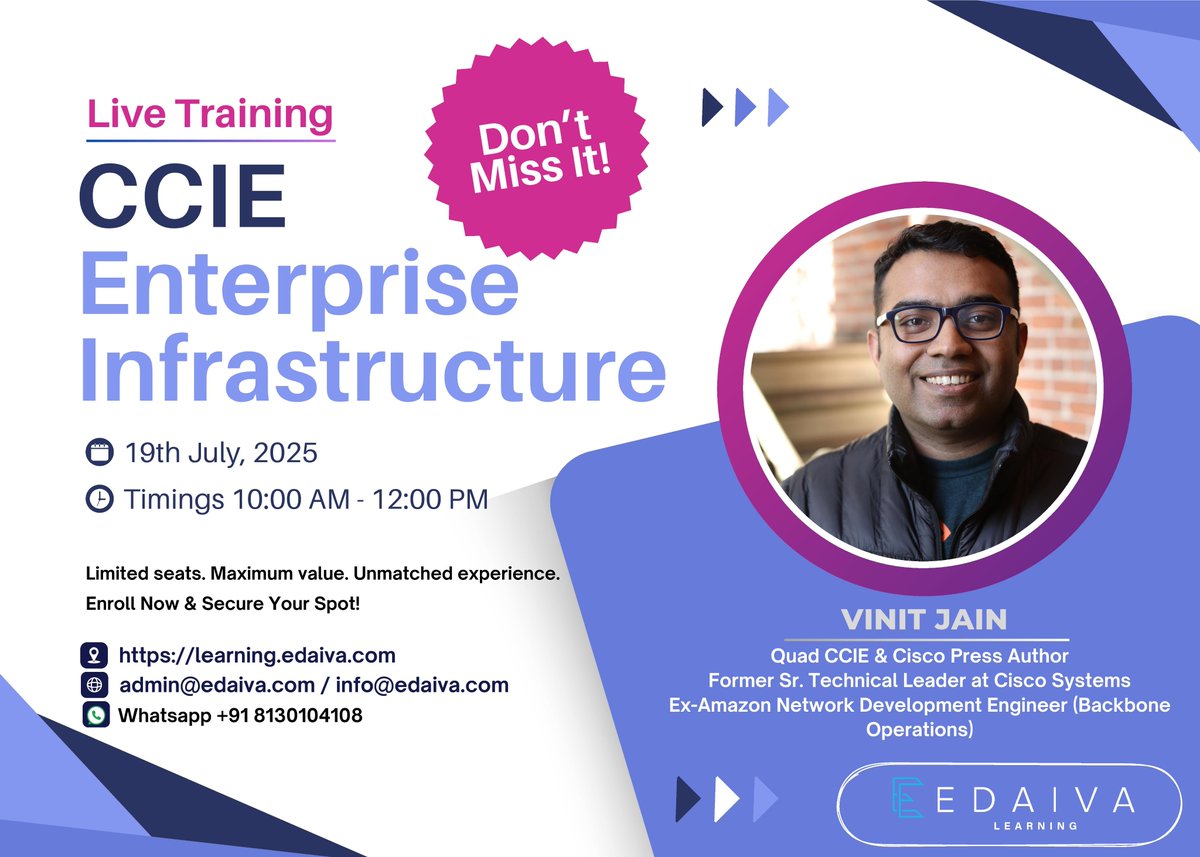 Edaivalearning's tweet photo. ๐จ NEW BATCH ALERT! ๐จ
Join our Weekend Batch and learn directly from one of the industryโs finest minds!
๐
Dates: July 19 โ October 5, 2025
โฐ Time: 10:00 AM โ 12:00 PM (Weekends Only)
๐ Only 20 Seats Available โ First Come, First Serve!
#Networking #CCIE #ccietraining https://t.co/s0RaSsGMG9