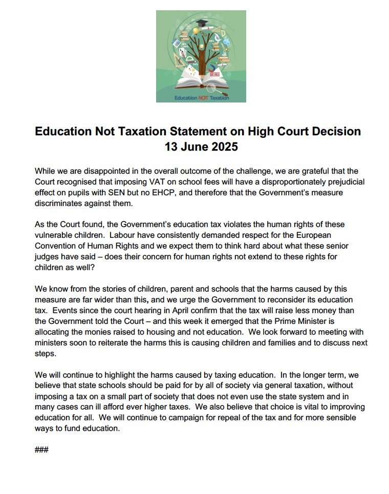 The High Court has ruled against parents on the Government's education tax this morning.  Please find below a statement from ENT.