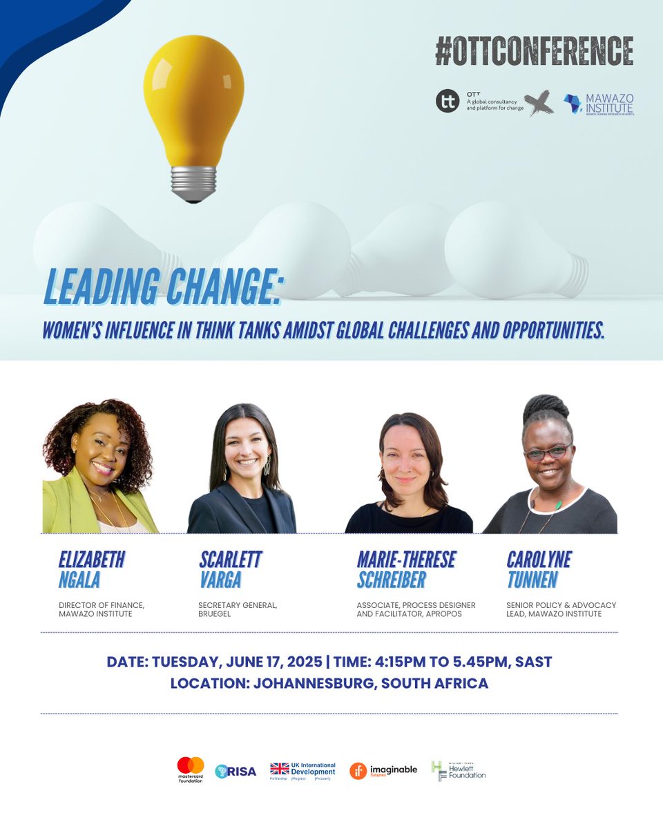Mawazo Institute (@mawazoinstitute) on Twitter photo Next week at the <a href="/onthinktanks/">On Think Tanks</a> conference, two members of our team — Carolyne Tunnen and Elizabeth Ngala — join Scarlett Varga and Marie-Thérèse Schreiber in a powerful conversation on: “Leading Change: Women’s Influence in Think Tanks Amidst Global Challenges and Opportunities." Next week at the <a href="/onthinktanks/">On Think Tanks</a> conference, two members of our team — Carolyne Tunnen and Elizabeth Ngala — join Scarlett Varga and Marie-Thérèse Schreiber in a powerful conversation on: “Leading Change: Women’s Influence in Think Tanks Amidst Global Challenges and Opportunities."