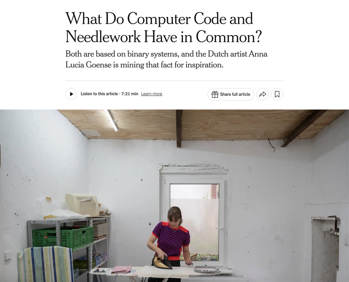 verse (@verse_works) on Twitter photo Many congratulations <a href="/annaluciacodes/">Anna Lucia</a> for the <a href="/nytimes/">The New York Times</a> feature 🫶
“The idea of stitch or no stitch is a perfect real-world metaphor for the binary 1 and 0 logic of computing.” Many congratulations <a href="/annaluciacodes/">Anna Lucia</a> for the <a href="/nytimes/">The New York Times</a> feature 🫶
“The idea of stitch or no stitch is a perfect real-world metaphor for the binary 1 and 0 logic of computing.”