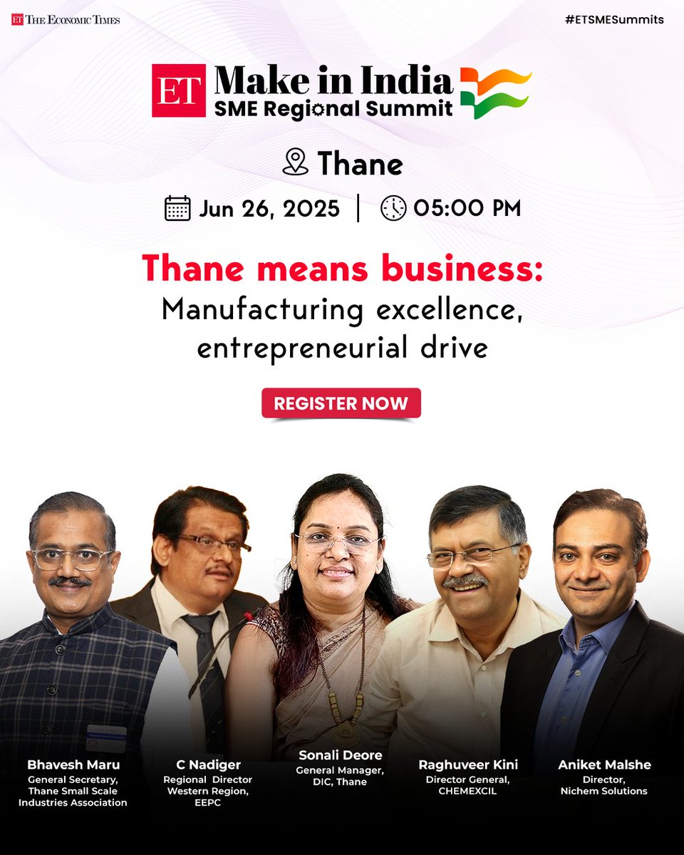 #Thane means business! 

ET Make in India SME Regional Summit to enter one of the fastest growing districts in Maharastra on June 26. 

Register here for the event: shorturl.at/Q5HL9

<a href="/chemexcil/">CHEMEXCIL</a> <a href="/eepcindia/">EEPC India</a> @tssiatisa @doi_mahagov