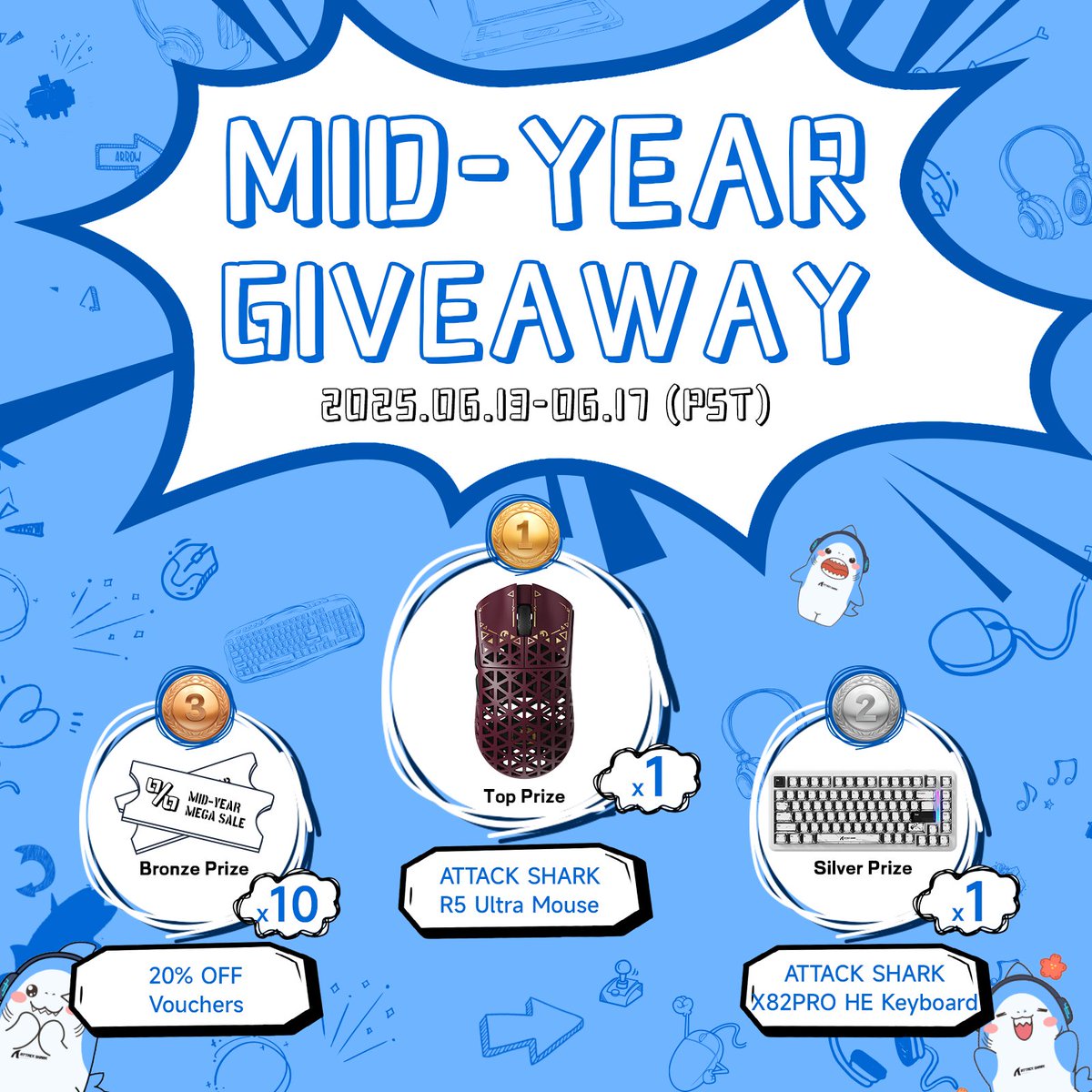🔥 GIVEAWAY ALERT! 🔥
ATTACK SHARK's Year-Mid Sale is coming! Let's kick things off with an PREHEAT GIVEAWAY! 🎉
Prize:
🎁 1x R5 ULTRA Gaming Mouse
🎁 1x X82PRO HE Keyboard
🎁 10x 20% OFF Coupons
👉 To Enter
gleam.io/fBFGn/attack-s…
📅 From June 13 - 17
#YearMidSale #Giveaway