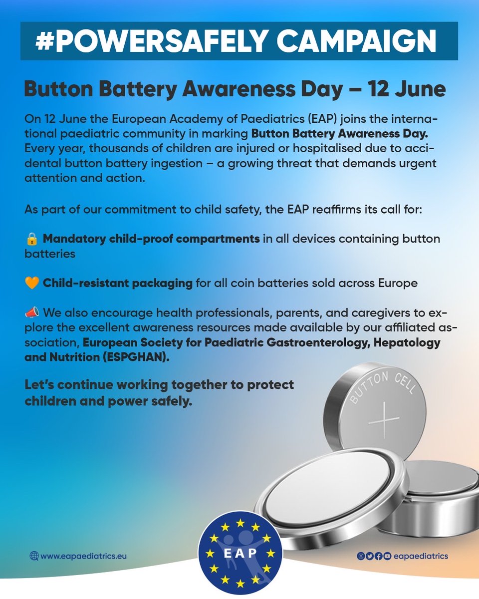 EAPaediatrics's tweet image. #ButtonBatteryAwarenessDay
🚨 We call for:
✅ Mandatory child-proof battery compartments in all electronic devices
✅ Child-resistant packaging for all coin batteries sold across Europe

Read more details: eapaediatrics.eu/eap-duracell-c…