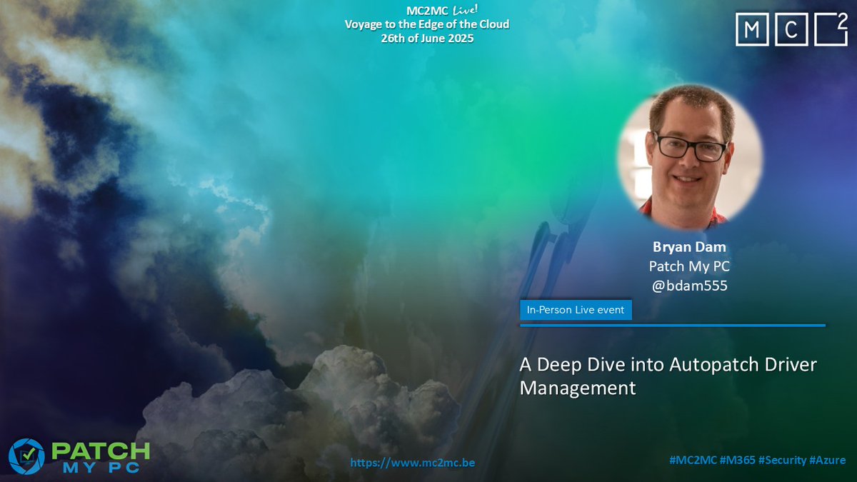 We’re exited to announce that <a href="/bdam555/">Bryan Dam</a> from <a href="/PatchMyPC/">Patch My PC</a> will be speaking at MC2MC Live: Voyage to the Edge of the Cloud!🚀

📅 Thursday, June 26th
🎟️ tinyurl.com/5n7769en

#MC2MC #MC2MCLive #Community #M365 #Security #Azure