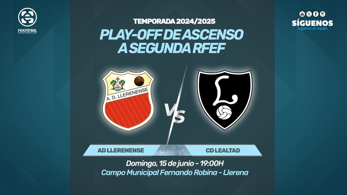 ⚽ | #TerceraRFEF |

⏰¡Llegó la hora de verdad para el <a href="/adllerenenseof/">A.D. LLERENENSE</a> en el 🇪🇸𝐏𝐥𝐚𝐲-𝐎𝐟𝐟 𝐍𝐚𝐜𝐢𝐨𝐧𝐚𝐥 𝐝𝐞 𝐀𝐒𝐂𝐄𝐍𝐒𝐎 a #SegundaRFEF!

📅Este domingo a las 19:00H, el equipo extremeño se medirá en su feudo al <a href="/CDLealtad/">Lealtad de Villaviciosa</a> asturiano en el partido de ida de la