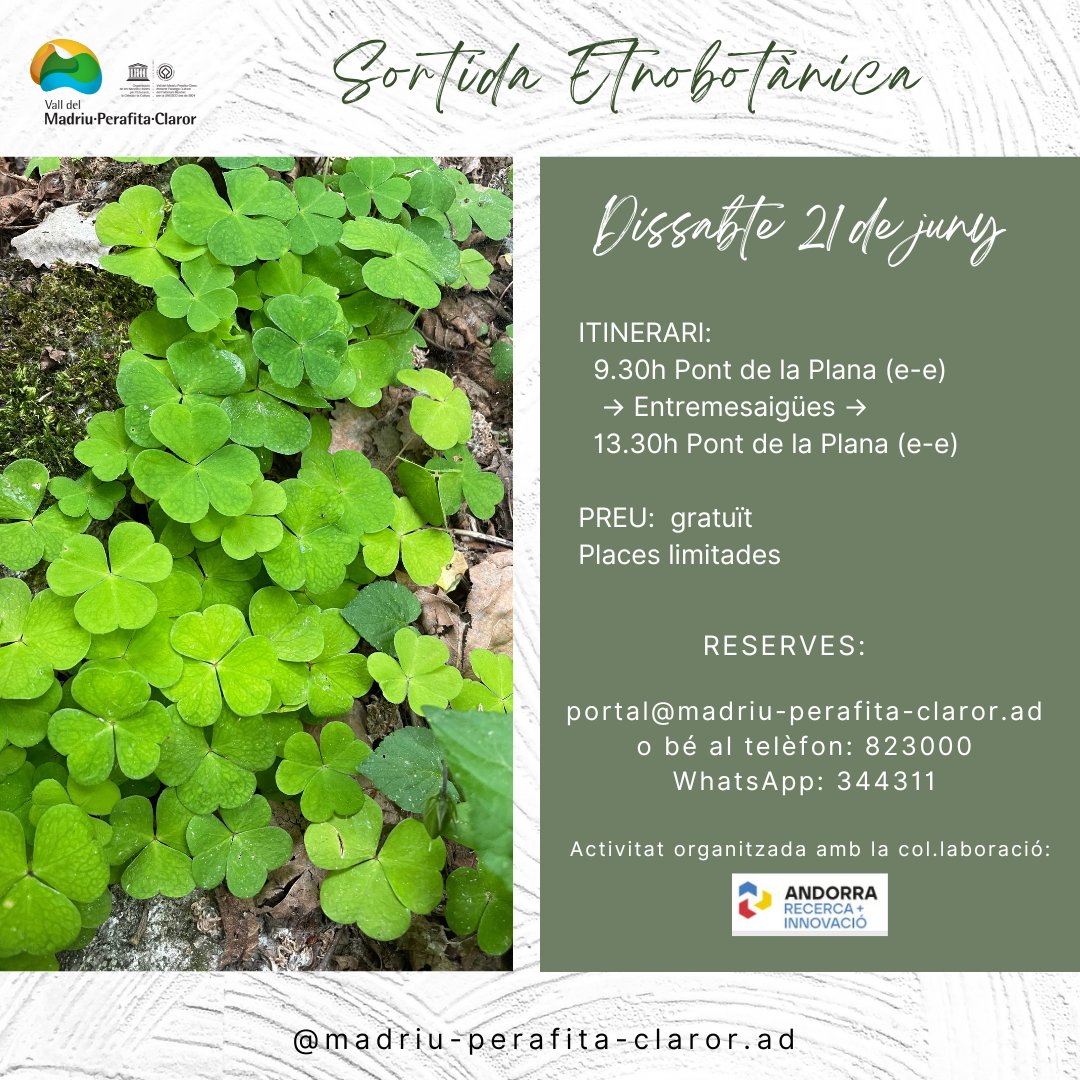 🗓️Dissabte 21 de juny: "Sortida Etnobotànica"

Les places són limitades, necessària inscripció prèvia

Més info i inscripcións: madriu-perafita-claror.ad/activitats/sor…