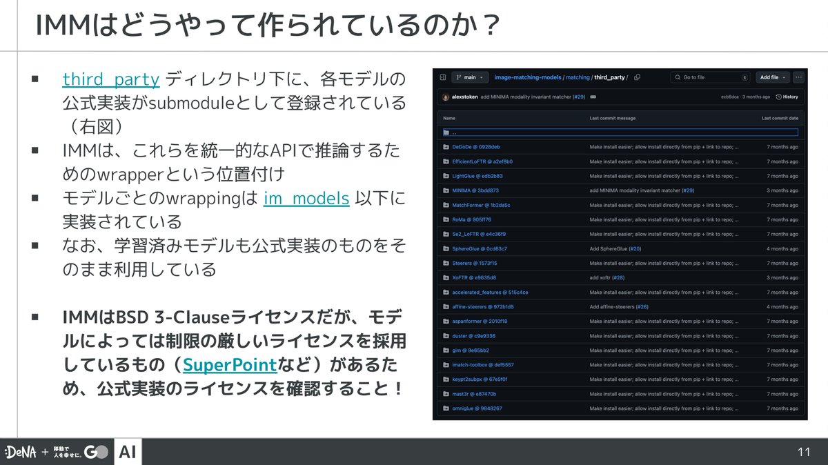 goinc_ai_tech's tweet photo. AI技術開発部の木村(@motokimura1)が社内勉強会にて発表した資料「image-matching-modelsの紹介」を公開しました。image-matching-models (IMM) では、LightGlue, LoFTR, RoMaなど多様な画像マッチングモデルを統一的なAPIで簡単に使うことができます。ぜひご覧ください。  https://t.co/9Ji5j02QBO https://t.co/qMvnY8Yddy
