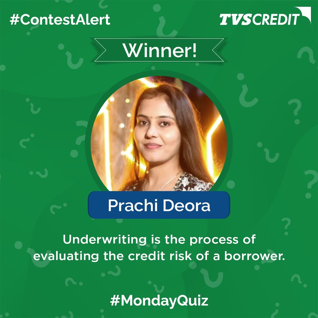 TVSCredit's tweet photo. Congratulations Prachi! You've guessed it right.

The goal of underwriting is to determine how likely the borrower is to repay the loan or meet the terms of the policy.

DM us to claim your prize.

#MondayQuiz #TVSCredit #FinancialWizard https://t.co/DkpVET9NXi