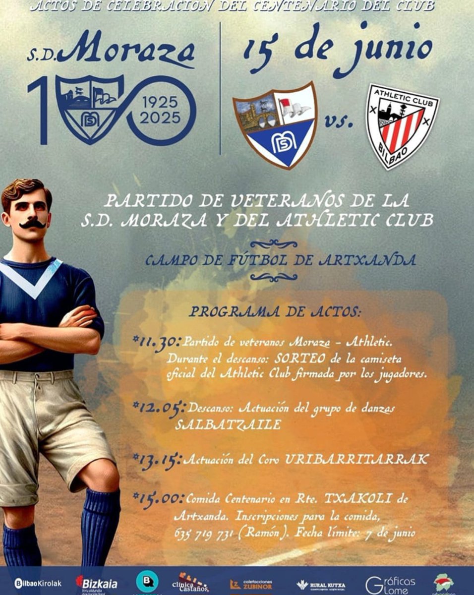 Federación Vizcaína de Fútbol (@fvf_bff) on Twitter photo 📅 La gran familia de la SD Moraza vivirá este domingo 15 de junio una jornada muy especial y emotiva.
💯 Dentro de los actos por su Centenario, sus Veteranos jugarán un encuentro frente a los del <a href="/AthleticClub/">Athletic Club</a> .
📌 Y luego disfrutarán de una comida popular.
👏 ZORIONAK ✌️ 📅 La gran familia de la SD Moraza vivirá este domingo 15 de junio una jornada muy especial y emotiva.
💯 Dentro de los actos por su Centenario, sus Veteranos jugarán un encuentro frente a los del <a href="/AthleticClub/">Athletic Club</a> .
📌 Y luego disfrutarán de una comida popular.
👏 ZORIONAK ✌️