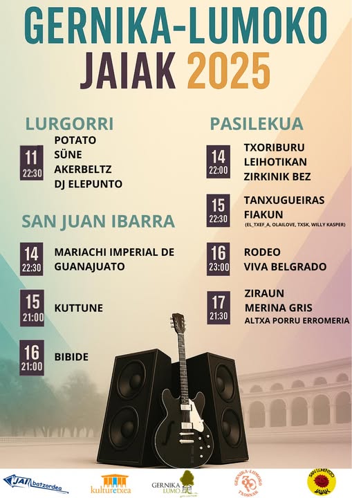 Gernika-Lumon musika giro paregabea abuztuan: hiru agertoki eta musika asko. Ska, mariatxiak, folk galegoa eta musika elektronikoa, dena Gernika-Lumon

#gernika #jaiak #musica #urdaibai #musica