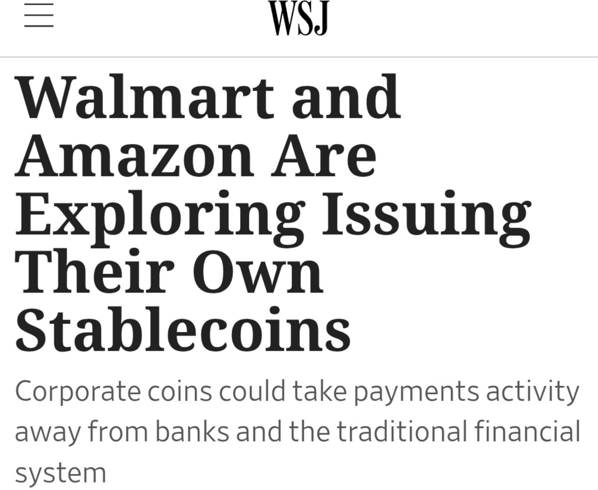 Walmart $WMT and Amazon $AMZN are exploring launching their own STABLECOINS, per WSJ. 

Both aim to cut billions in card fees and speed up payments, potentially bypassing traditional banks. 

Final call depends on the GENIUS Act, now making its way through Congress.