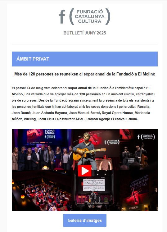 📩 Vols estar al dia de totes les novetats de la Fundació?

▫ Programa IMPULSA CULTURA
▫ Mecenatge
▫ Catàleg IMPULSA 
▫ Presència als mitjans de comunicació
▫ I molt més!

📬Si no vols perdre't res, subscriu-te al nostre Newsletter! 👉tuit.cat/x2vlH

#ImpulsaCultura