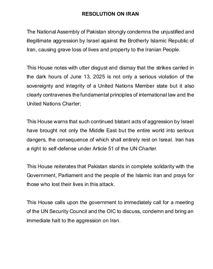 BREAKING: Pakistani Parliament—both National Assembly &amp; Senate—unanimously condemns Israeli strikes on Iran as illegal aggression &amp; a threat to global peace.
Full solidarity expressed with Iran.
Urges urgent UNSC &amp; OIC sessions.
#Pakistan #Iran #Israel #MiddleEast #UNSC #OIC