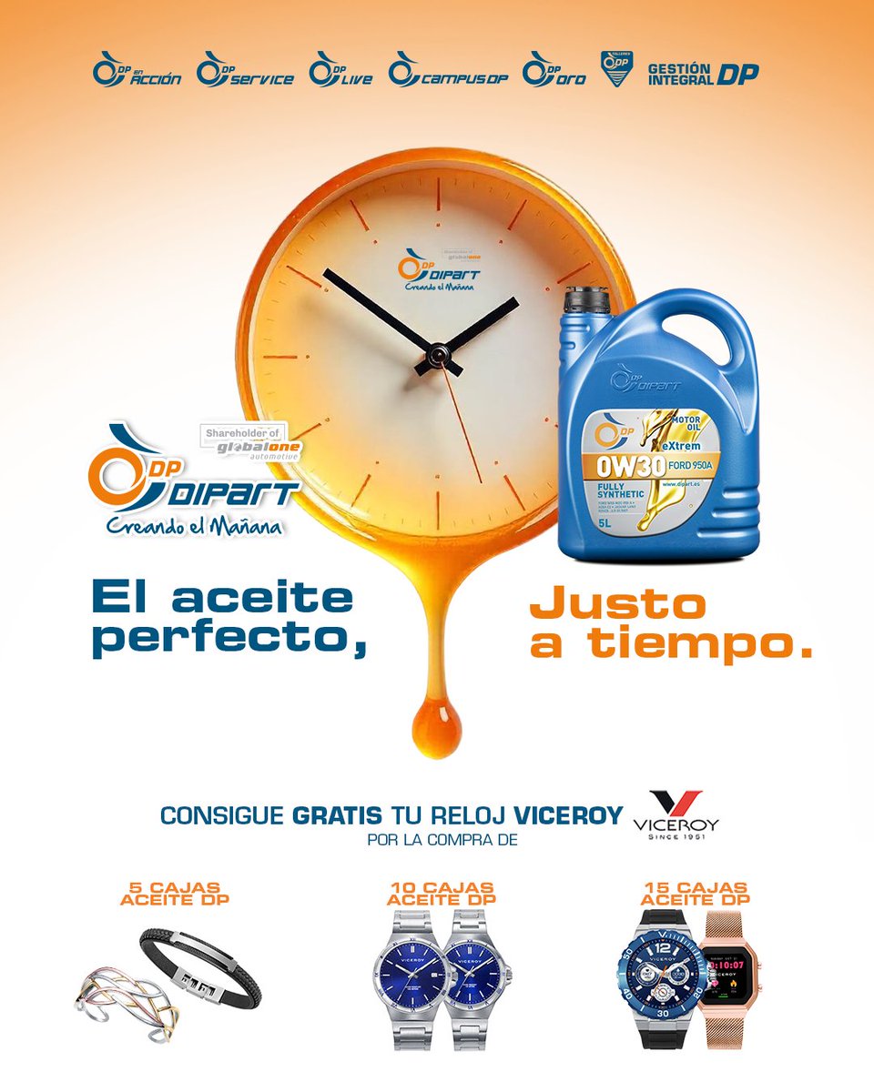 DIPART (@dipartsl) on Twitter photo ☀️😎 Este verano, ¡el aceite perfecto llega justo a tiempo!
🛢️ Compra Aceites DP en tu distribuidor habitual y llévate regalos exclusivos: pulseras, relojes Viceroy o un Smart Watch 🎁
📆 Hasta el 31/6 o hasta agotar existencias.
talleresdp.es
🔸 #TodosSomosDIPART 🔹 ☀️😎 Este verano, ¡el aceite perfecto llega justo a tiempo!
🛢️ Compra Aceites DP en tu distribuidor habitual y llévate regalos exclusivos: pulseras, relojes Viceroy o un Smart Watch 🎁
📆 Hasta el 31/6 o hasta agotar existencias.
talleresdp.es
🔸 #TodosSomosDIPART 🔹