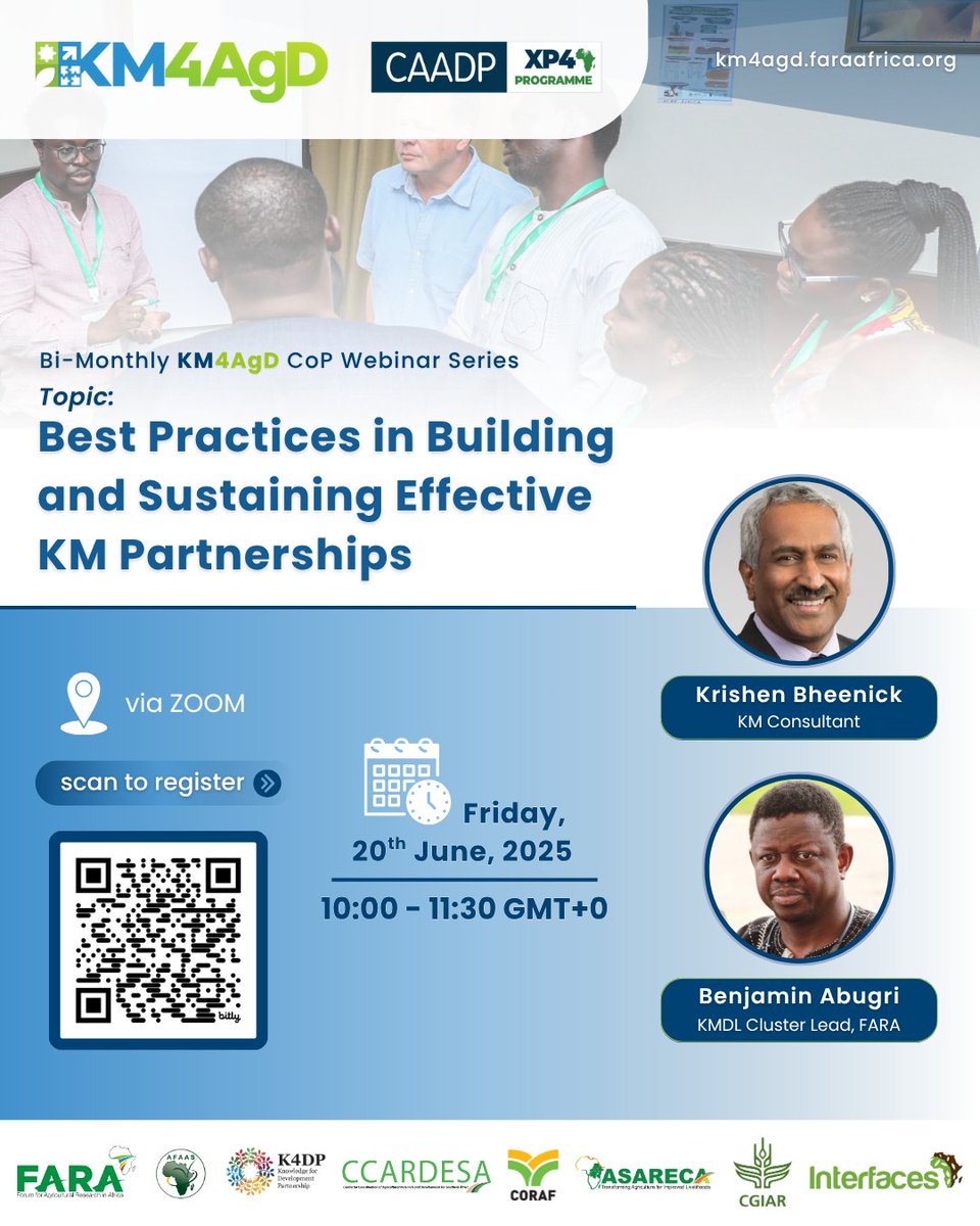 #FARA invites you to an insightful #KnowledgeManagement webinar: "Best Practices in Building and Sustaining Effective KM Partnerships" on June 20, 2025, at 10AM GMT.

Discover strategies to build impactful, lasting knowledge partnerships.

Register via 🔗 bit.ly/4e20CzO