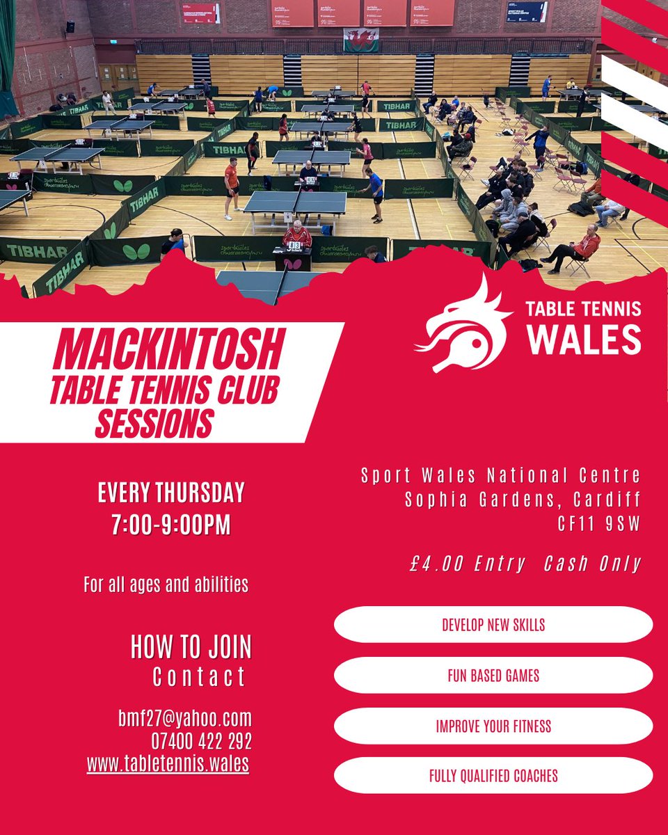 Table Tennis Wales (@walestt) on Twitter photo 🏓Table Tennis in the heart of Cardiff!🏓
Based in and around Cardiff? Mackintosh TTC run tabled tennis sessions every Thursday evening at <a href="/sportwales/">Sport Wales</a> for just £4!
Whether you're a regular player, haven't played in a while, or completely new, get down to the Sport Wales 🏓Table Tennis in the heart of Cardiff!🏓
Based in and around Cardiff? Mackintosh TTC run tabled tennis sessions every Thursday evening at <a href="/sportwales/">Sport Wales</a> for just £4!
Whether you're a regular player, haven't played in a while, or completely new, get down to the Sport Wales
